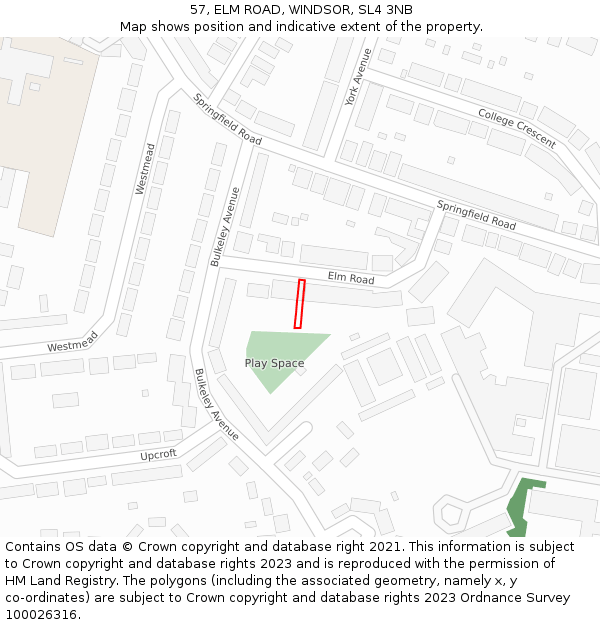 57, ELM ROAD, WINDSOR, SL4 3NB: Location map and indicative extent of plot