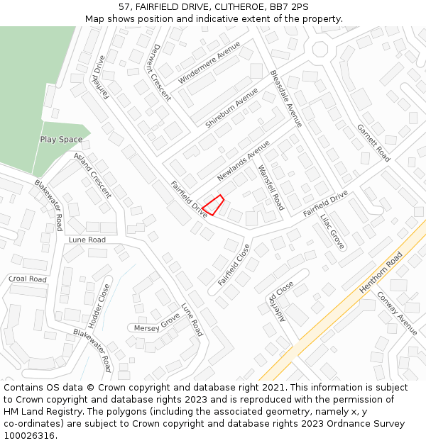 57, FAIRFIELD DRIVE, CLITHEROE, BB7 2PS: Location map and indicative extent of plot