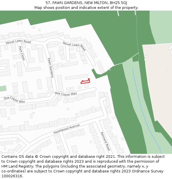 57, FAWN GARDENS, NEW MILTON, BH25 5GJ: Location map and indicative extent of plot