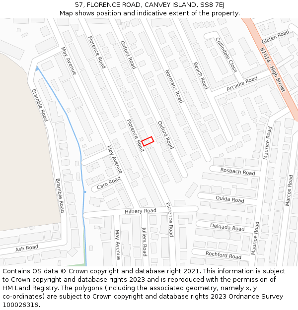 57, FLORENCE ROAD, CANVEY ISLAND, SS8 7EJ: Location map and indicative extent of plot