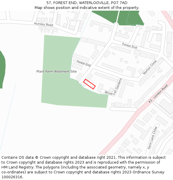 57, FOREST END, WATERLOOVILLE, PO7 7AD: Location map and indicative extent of plot