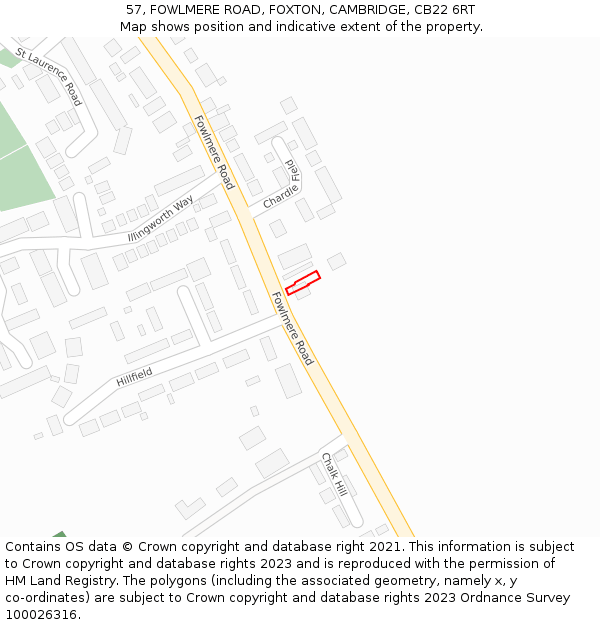 57, FOWLMERE ROAD, FOXTON, CAMBRIDGE, CB22 6RT: Location map and indicative extent of plot