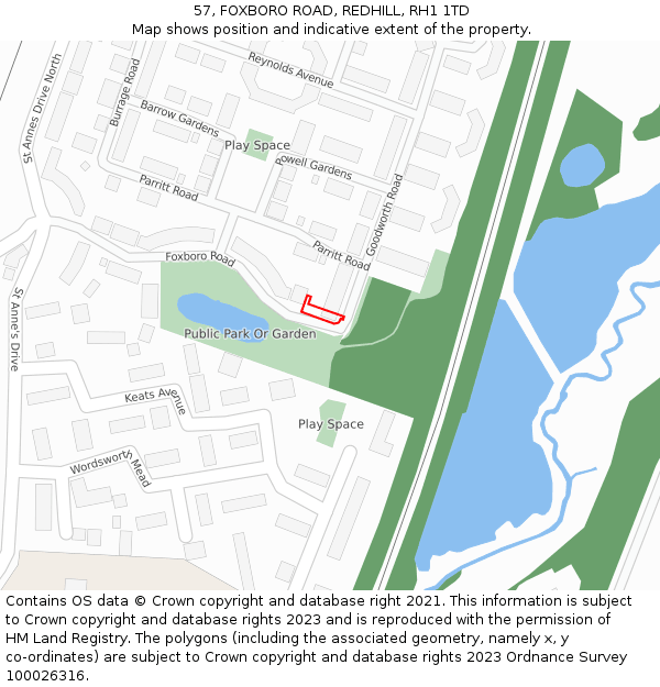 57, FOXBORO ROAD, REDHILL, RH1 1TD: Location map and indicative extent of plot