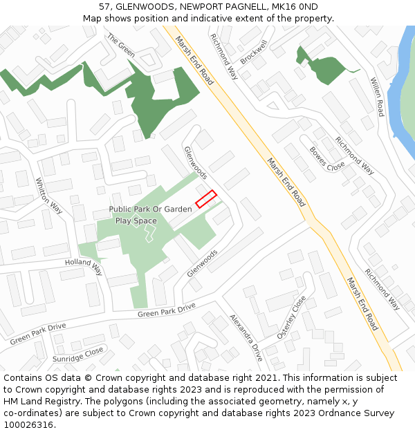 57, GLENWOODS, NEWPORT PAGNELL, MK16 0ND: Location map and indicative extent of plot