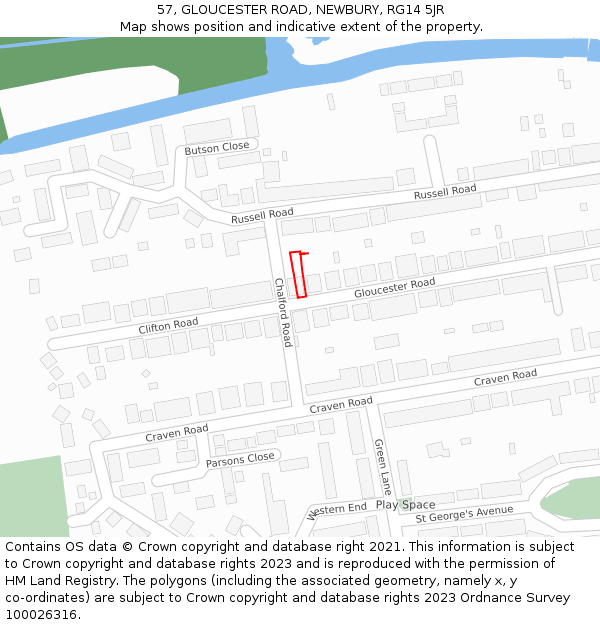 57, GLOUCESTER ROAD, NEWBURY, RG14 5JR: Location map and indicative extent of plot