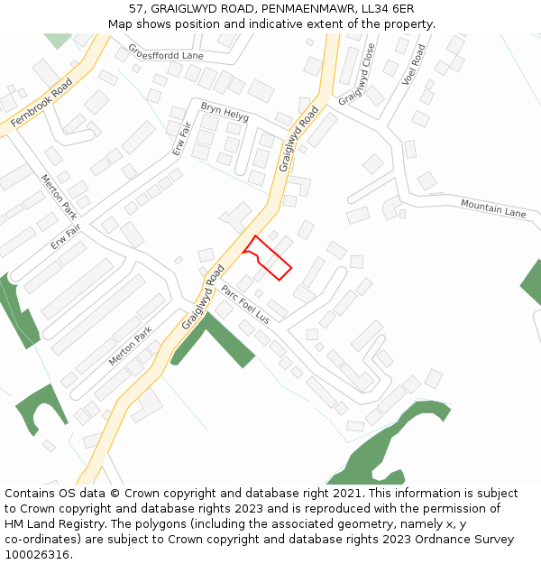 57, GRAIGLWYD ROAD, PENMAENMAWR, LL34 6ER: Location map and indicative extent of plot