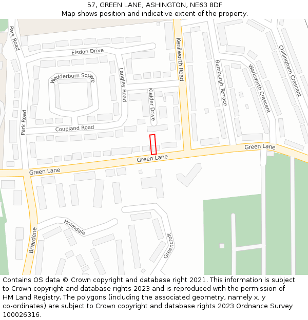 57, GREEN LANE, ASHINGTON, NE63 8DF: Location map and indicative extent of plot