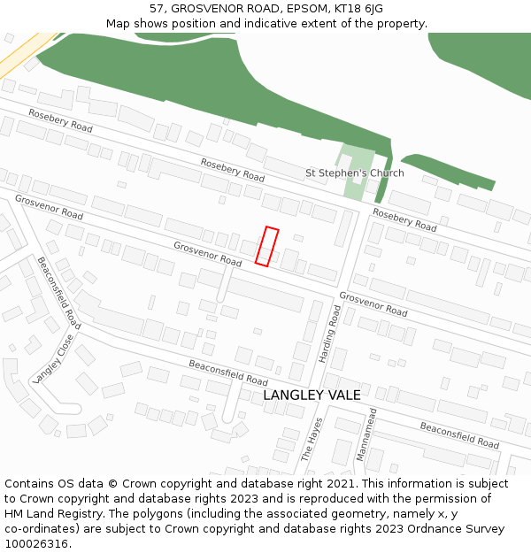 57, GROSVENOR ROAD, EPSOM, KT18 6JG: Location map and indicative extent of plot
