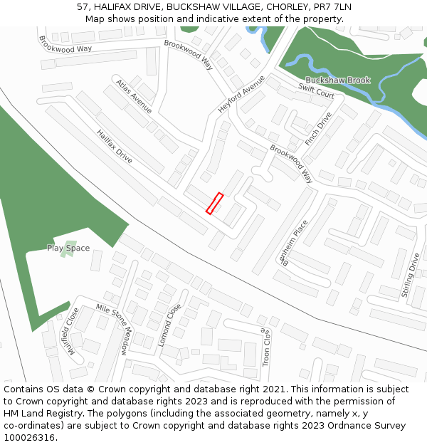 57, HALIFAX DRIVE, BUCKSHAW VILLAGE, CHORLEY, PR7 7LN: Location map and indicative extent of plot