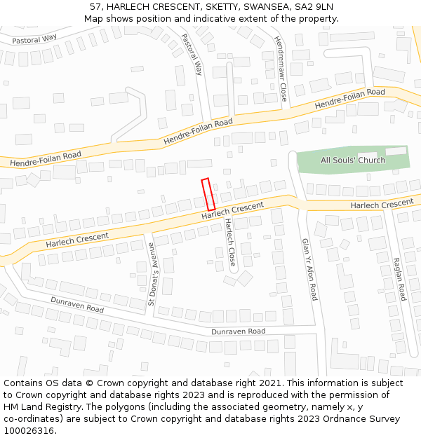 57, HARLECH CRESCENT, SKETTY, SWANSEA, SA2 9LN: Location map and indicative extent of plot