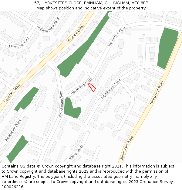 57, HARVESTERS CLOSE, RAINHAM, GILLINGHAM, ME8 8PB: Location map and indicative extent of plot