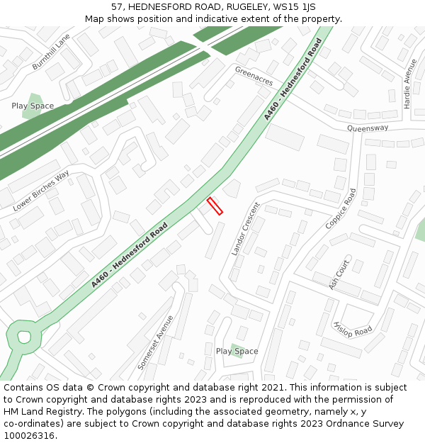 57, HEDNESFORD ROAD, RUGELEY, WS15 1JS: Location map and indicative extent of plot