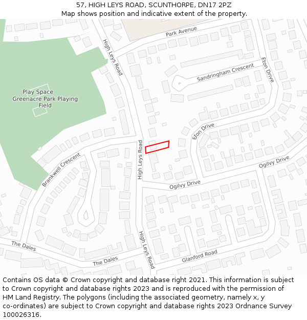 57, HIGH LEYS ROAD, SCUNTHORPE, DN17 2PZ: Location map and indicative extent of plot