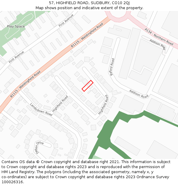 57, HIGHFIELD ROAD, SUDBURY, CO10 2QJ: Location map and indicative extent of plot