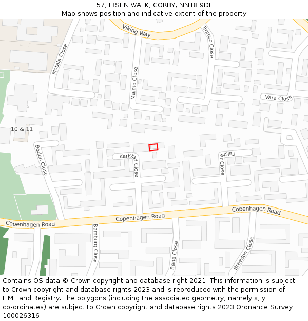 57, IBSEN WALK, CORBY, NN18 9DF: Location map and indicative extent of plot