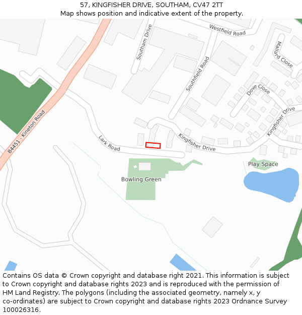 57, KINGFISHER DRIVE, SOUTHAM, CV47 2TT: Location map and indicative extent of plot