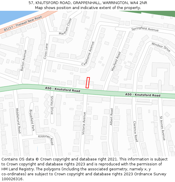 57, KNUTSFORD ROAD, GRAPPENHALL, WARRINGTON, WA4 2NR: Location map and indicative extent of plot