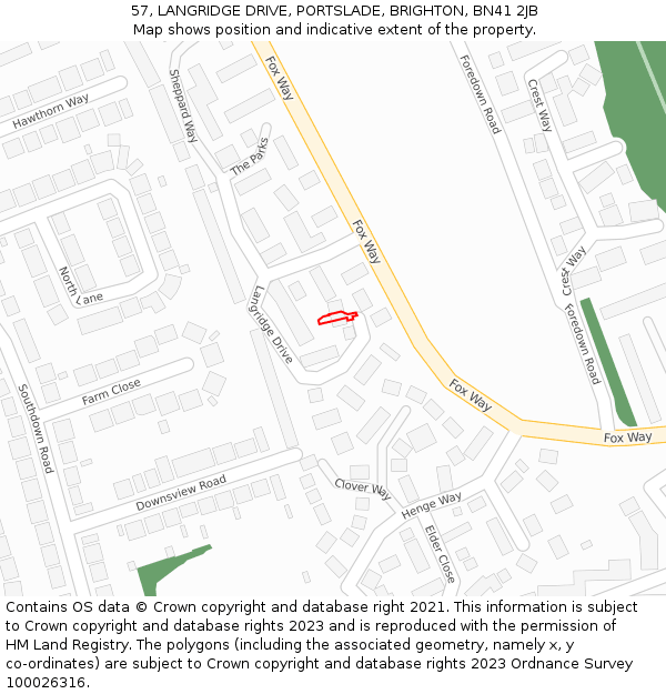 57, LANGRIDGE DRIVE, PORTSLADE, BRIGHTON, BN41 2JB: Location map and indicative extent of plot
