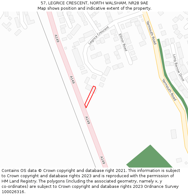 57, LEGRICE CRESCENT, NORTH WALSHAM, NR28 9AE: Location map and indicative extent of plot