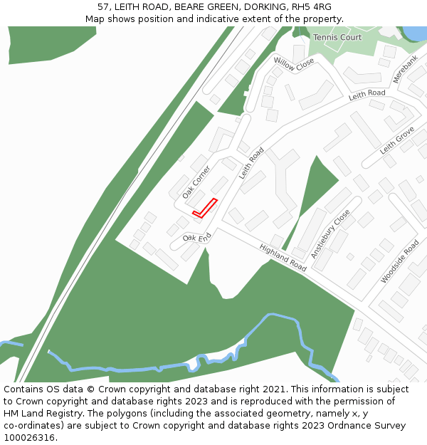 57, LEITH ROAD, BEARE GREEN, DORKING, RH5 4RG: Location map and indicative extent of plot