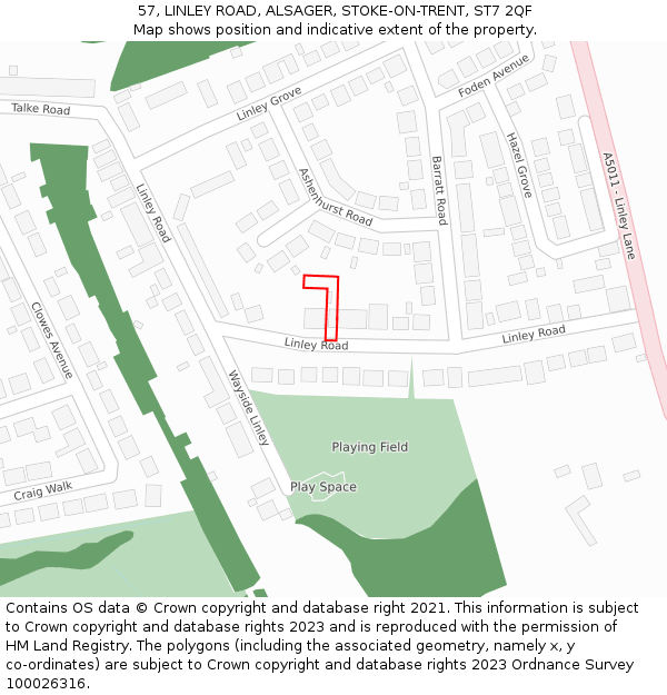 57, LINLEY ROAD, ALSAGER, STOKE-ON-TRENT, ST7 2QF: Location map and indicative extent of plot