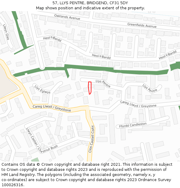 57, LLYS PENTRE, BRIDGEND, CF31 5DY: Location map and indicative extent of plot