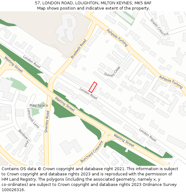 57, LONDON ROAD, LOUGHTON, MILTON KEYNES, MK5 8AF: Location map and indicative extent of plot