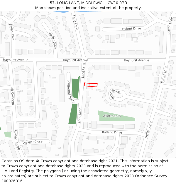 57, LONG LANE, MIDDLEWICH, CW10 0BB: Location map and indicative extent of plot