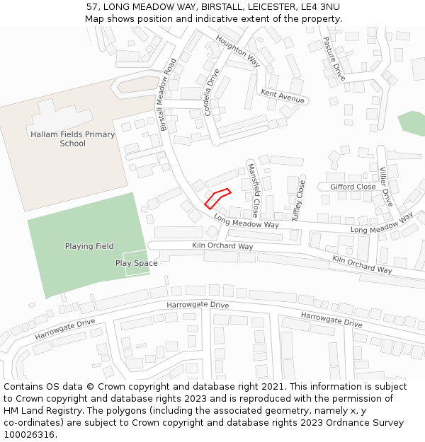 57, LONG MEADOW WAY, BIRSTALL, LEICESTER, LE4 3NU: Location map and indicative extent of plot