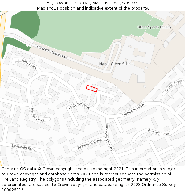 57, LOWBROOK DRIVE, MAIDENHEAD, SL6 3XS: Location map and indicative extent of plot