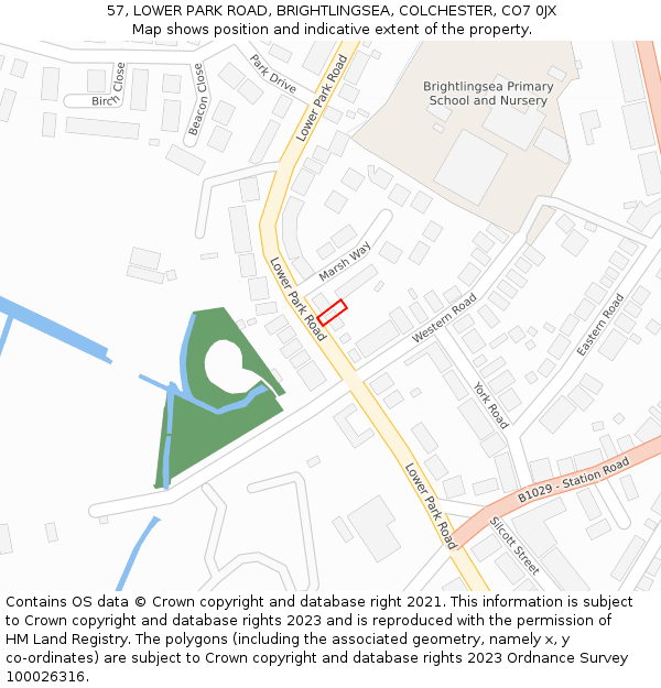 57, LOWER PARK ROAD, BRIGHTLINGSEA, COLCHESTER, CO7 0JX: Location map and indicative extent of plot