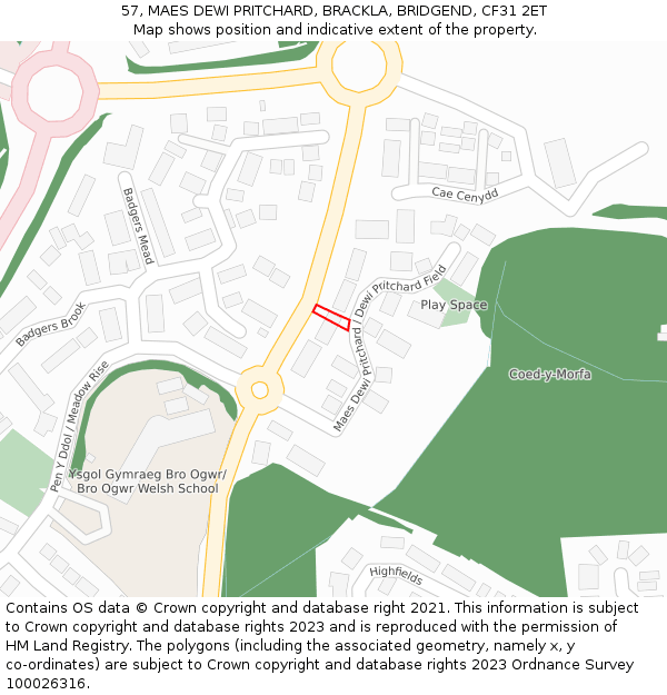 57, MAES DEWI PRITCHARD, BRACKLA, BRIDGEND, CF31 2ET: Location map and indicative extent of plot