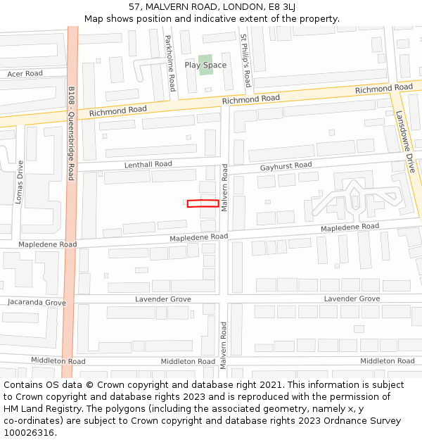 57, MALVERN ROAD, LONDON, E8 3LJ: Location map and indicative extent of plot