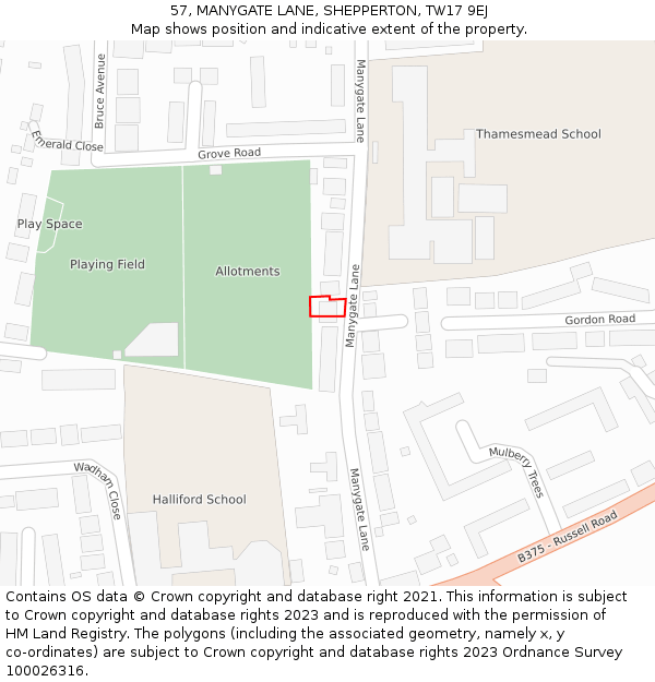 57, MANYGATE LANE, SHEPPERTON, TW17 9EJ: Location map and indicative extent of plot