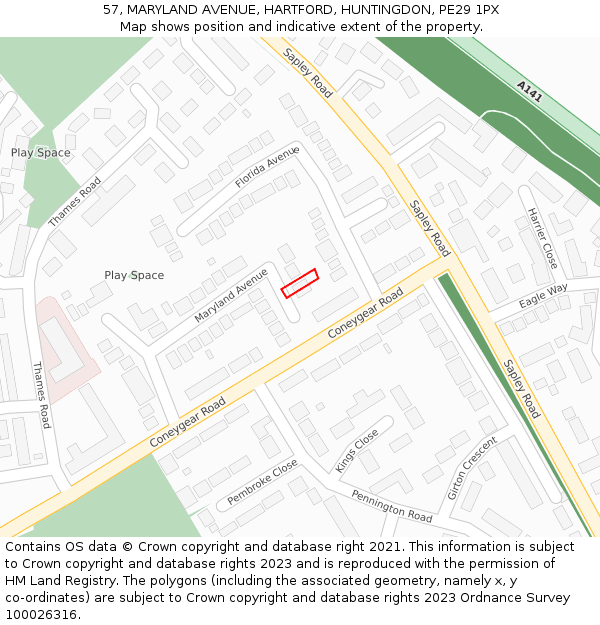 57, MARYLAND AVENUE, HARTFORD, HUNTINGDON, PE29 1PX: Location map and indicative extent of plot