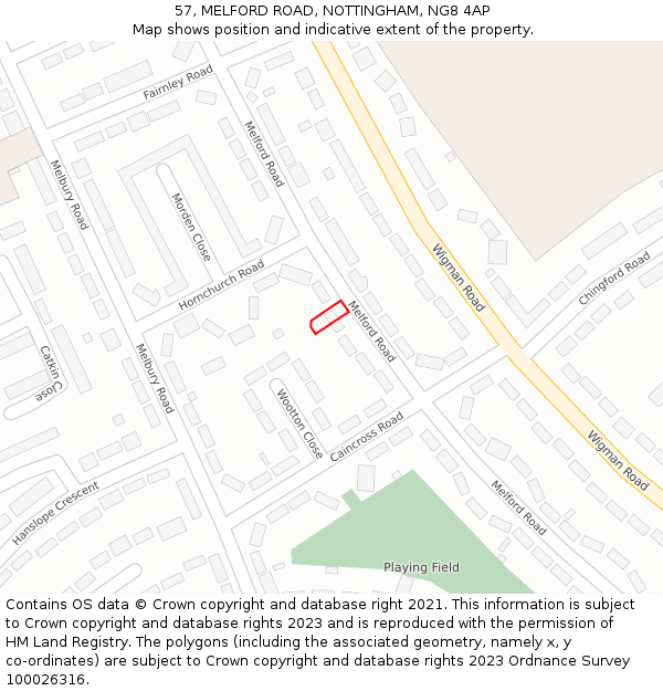 57, MELFORD ROAD, NOTTINGHAM, NG8 4AP: Location map and indicative extent of plot