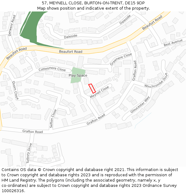 57, MEYNELL CLOSE, BURTON-ON-TRENT, DE15 9DP: Location map and indicative extent of plot
