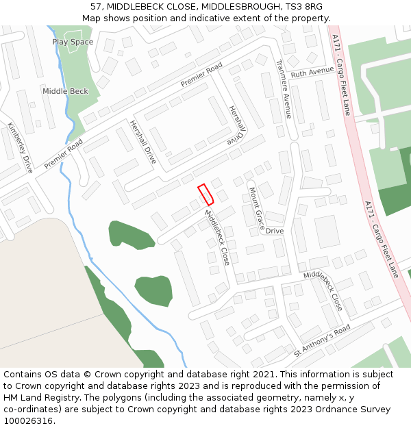 57, MIDDLEBECK CLOSE, MIDDLESBROUGH, TS3 8RG: Location map and indicative extent of plot