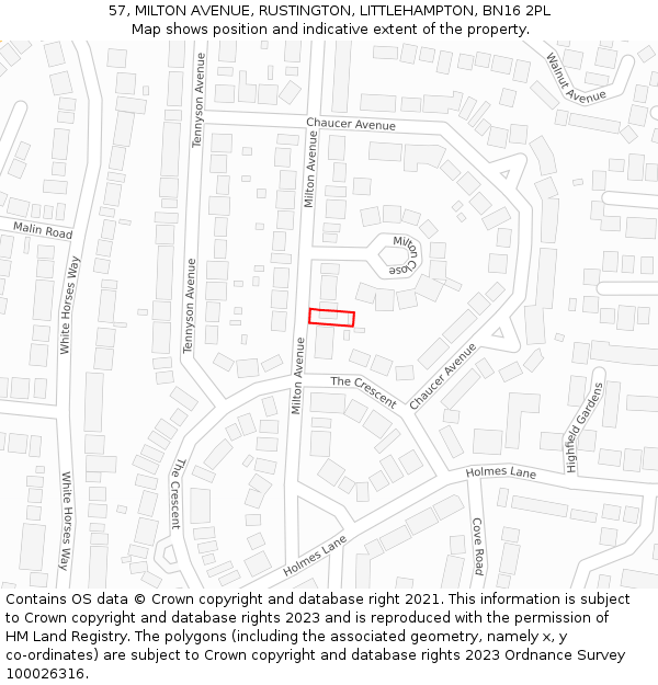 57, MILTON AVENUE, RUSTINGTON, LITTLEHAMPTON, BN16 2PL: Location map and indicative extent of plot