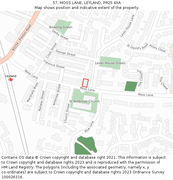 57, MOSS LANE, LEYLAND, PR25 4XA: Location map and indicative extent of plot