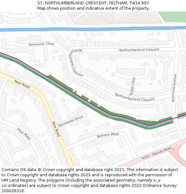 57, NORTHUMBERLAND CRESCENT, FELTHAM, TW14 9SY: Location map and indicative extent of plot