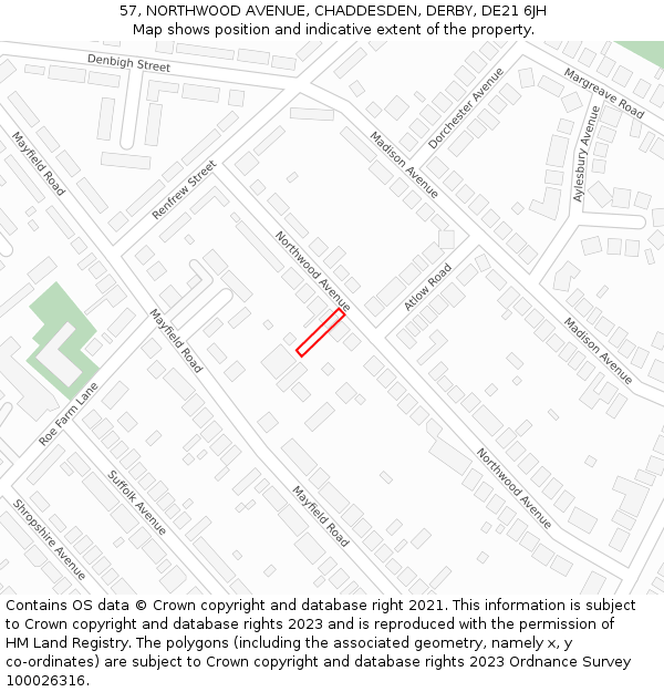 57, NORTHWOOD AVENUE, CHADDESDEN, DERBY, DE21 6JH: Location map and indicative extent of plot