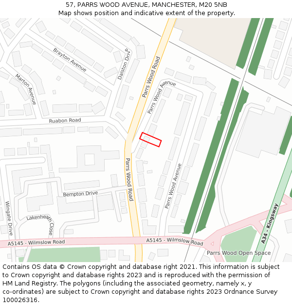 57, PARRS WOOD AVENUE, MANCHESTER, M20 5NB: Location map and indicative extent of plot