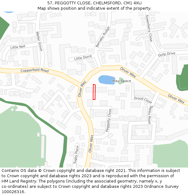 57, PEGGOTTY CLOSE, CHELMSFORD, CM1 4XU: Location map and indicative extent of plot