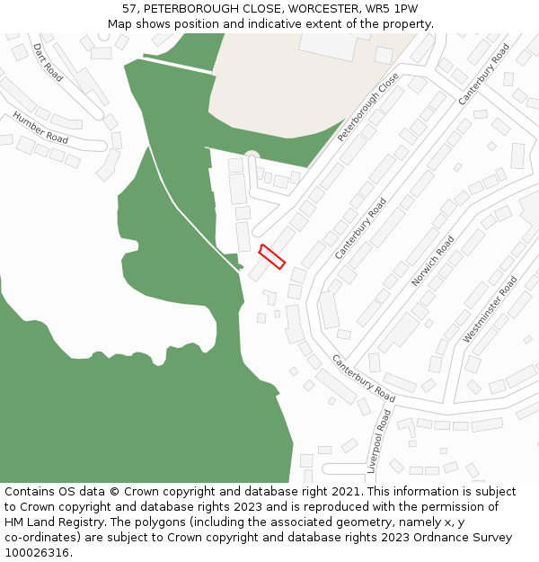 57, PETERBOROUGH CLOSE, WORCESTER, WR5 1PW: Location map and indicative extent of plot