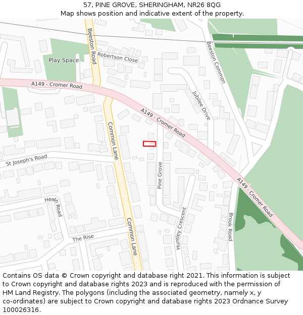 57, PINE GROVE, SHERINGHAM, NR26 8QG: Location map and indicative extent of plot