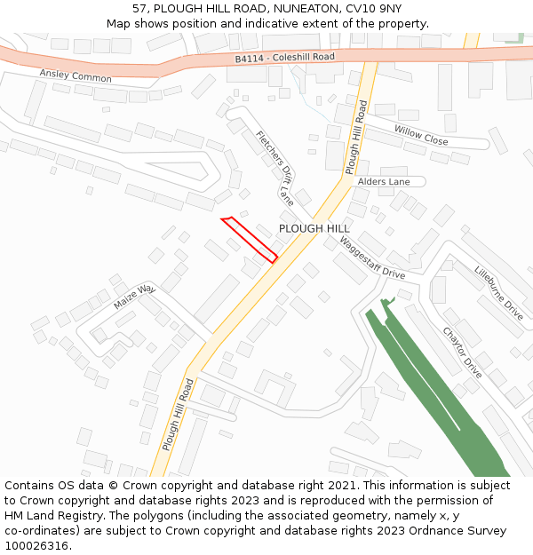 57, PLOUGH HILL ROAD, NUNEATON, CV10 9NY: Location map and indicative extent of plot