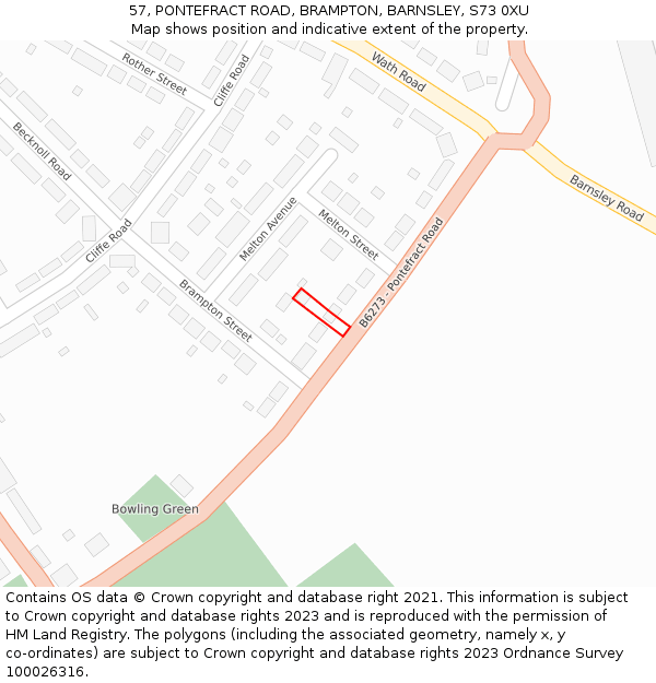 57, PONTEFRACT ROAD, BRAMPTON, BARNSLEY, S73 0XU: Location map and indicative extent of plot