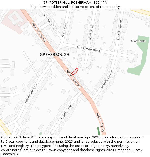 57, POTTER HILL, ROTHERHAM, S61 4PA: Location map and indicative extent of plot