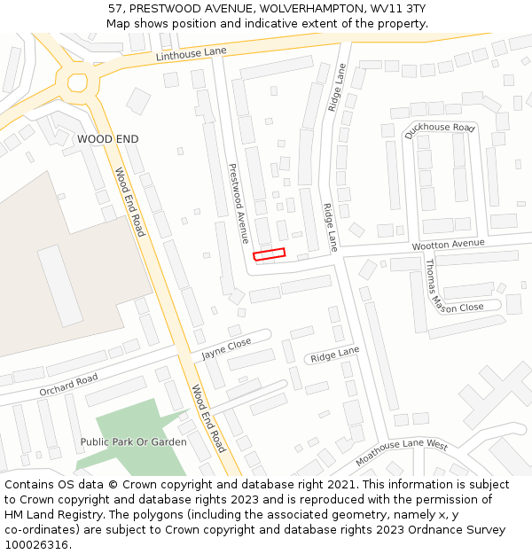 57, PRESTWOOD AVENUE, WOLVERHAMPTON, WV11 3TY: Location map and indicative extent of plot